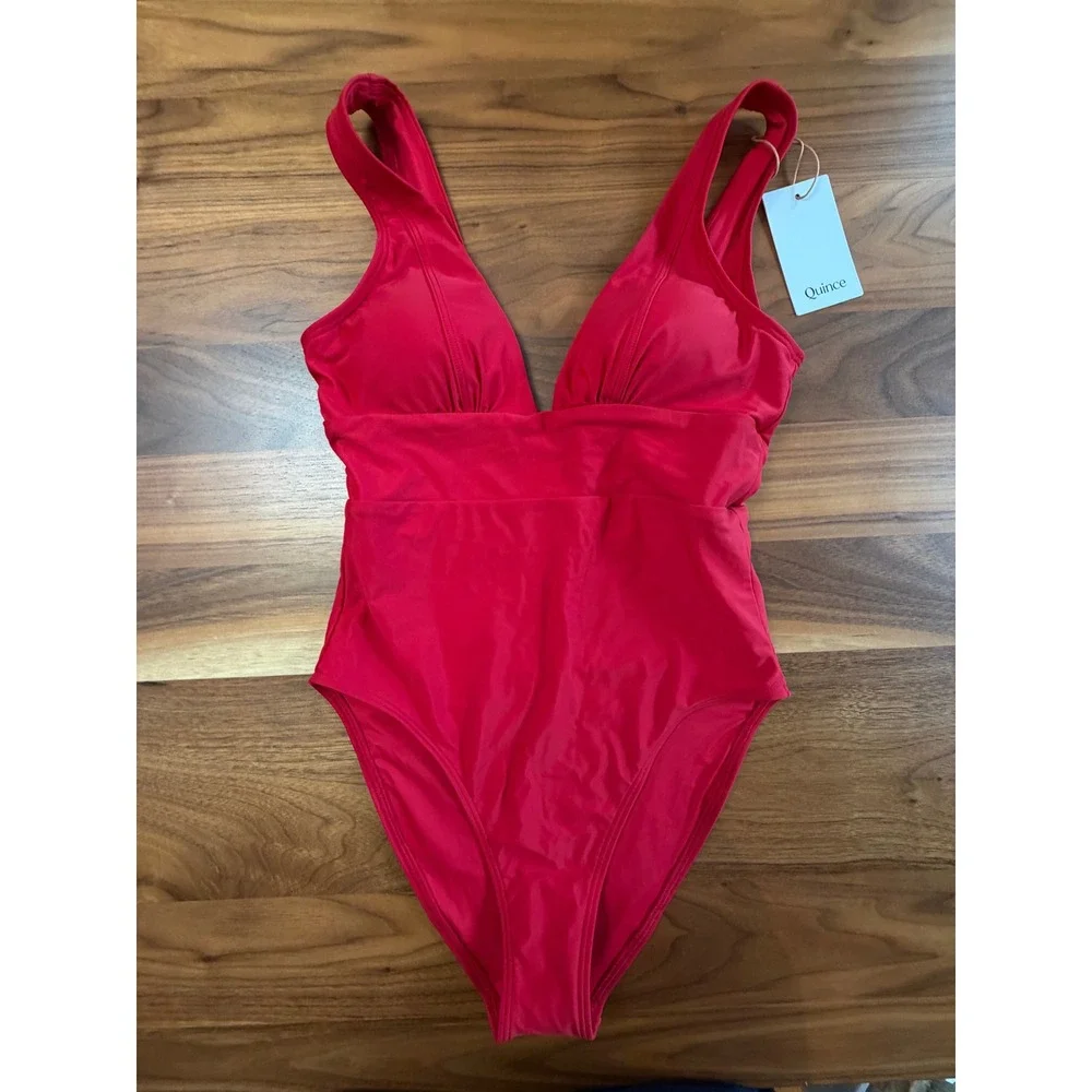 New Quince Italian Plunge One-Piece Swimsuit Red V Neck Thick Straps
